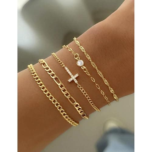 Gold Bracelets for Women Non Tarnish, Waterproof 16K Gold Plated Dainty Stackable Thin Chain Bracelet Set Trendy Cubic Zirconia Cross Bracelets Jewelry Gifts for Women