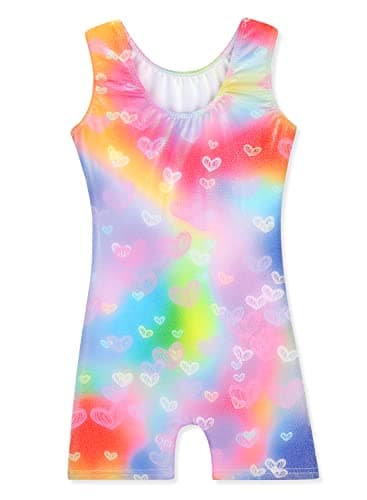 Kidsparadisy Girls Leotards for Gymnastics Size 10-12 with Shorts Competition Gymnastics Leotards for Kids Gymnastics Outfits Biketards (RainbowHeart,150 9-10Y)