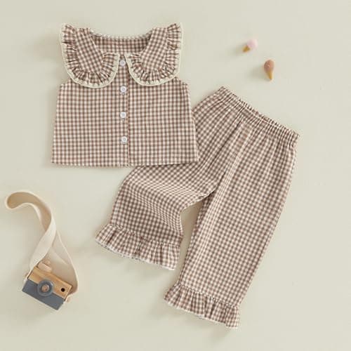 Toddler Baby Girl Clothes Summer Outfit Plaid Gingham Short Sleeve Shirt Sleeveless Tank Tops Pants Set (A6 Khaki, 2-3T)