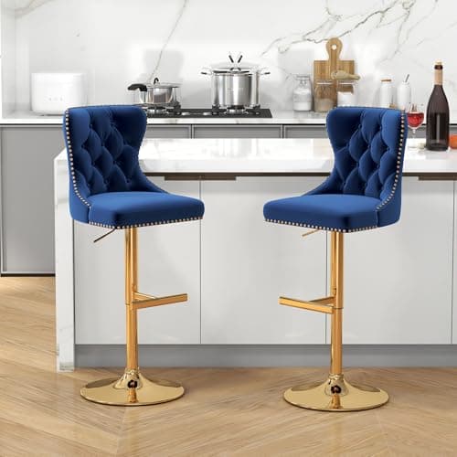 GOOLON Bar Stools Set of 2, Velvet Swivel Counter Height Stools with Tufted Back, Adjustable Seat with Nailheads Trim, Upholstered Bar Chairs with Gold Base for Kitchen Island, Pub, Blue