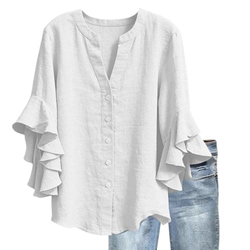 3/4 Ruffle Sleeve Cotton Linen Shirts for Women Dressy V Neck Beach Tunic Tops Elegant Summer Casual Work Blouses White