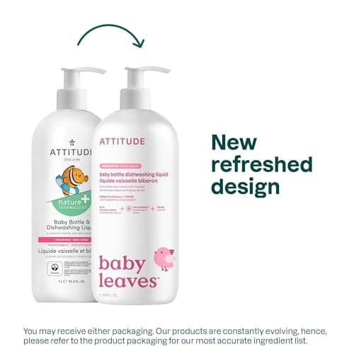 ATTITUDE Baby Bottle & Dish Soap, EWG Verified Bottle Cleaner, Fragrance Free & Dye Free, Removes Milk Residue & Grease, Vegan, Unscented, 1 Liter