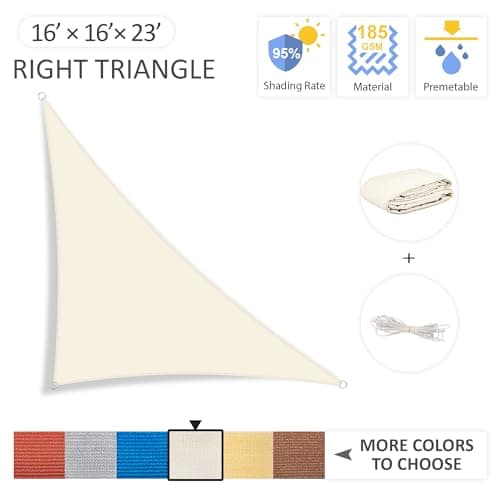 Yardmaker 16'x16'x23' Sun Shade Sail Right Triangle Canopy Shade Cover for Patio Garden Outdoor Backyard, Cream
