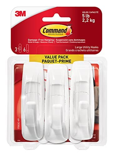 Command Large Utility Hooks, Damage Free Hanging Wall Hooks with Adhesive Strips, No Tools Wall Hooks for Hanging Back to School Dorm Organizers, 3 White Hooks and 6 Command Strips