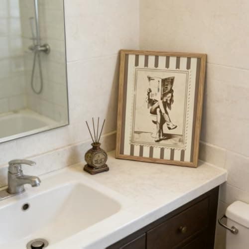 Framed Vintage Cowgirl Funny Bathroom Canvas Wall Art, Retro Stamp Style Western Rustic Wall Decor, Beige Brown Cowboy Boots Picture for Bathroom Laundry Room Bedroom Farmhouse Home Decoration