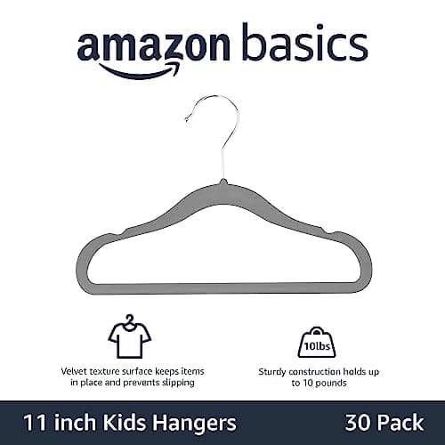 Amazon Basics Kids Velvet, Non-Slip Clothes Hangers (baby/toddler), 11.6 Inches (for baby clothes), Pack of 30, Gray