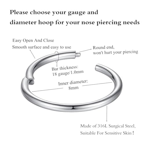 8mm Septum Ring Septum Jewelry Seamless Clicker Nose Rings 18 Gauge 18g Cartilage Earring Lip Rings Silver Nose Piercing Surgical Steel Helix Earrings