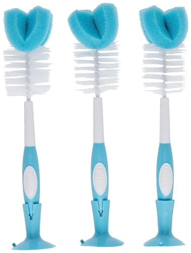 Dr. Brownβs Reusable Sponge Baby Bottle Cleaning Brush Set with Suction Cup Stand, Scrubber and Nipple Cleaner, Blue 3-Pack