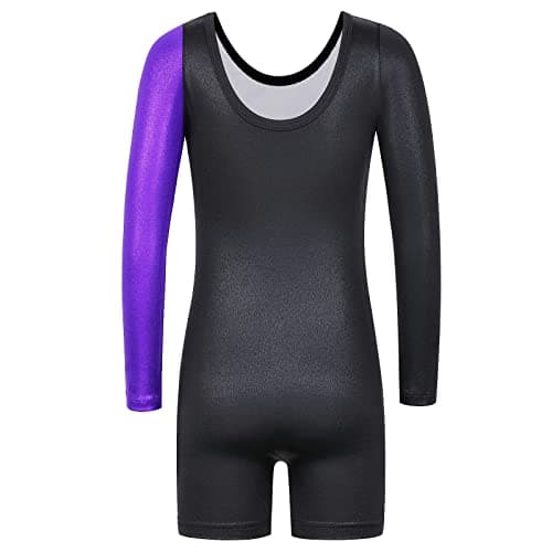 Gymnastics Leotards for Girls Long Sleeve Biketards Dance Unitards 3-12Y, Sleeved Black Purple, 8-9 Years