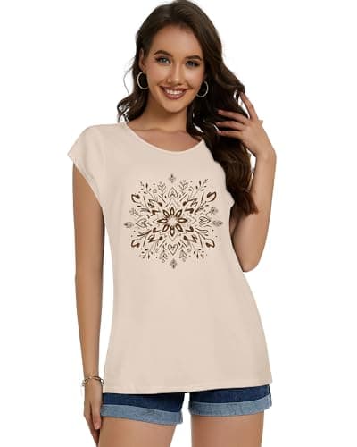 ADOREJOY Womens Cap Sleeve T Shirts Summer Tops Casual Crew Neck Loose Fit Tee Blouse(Apricot Floral,S)