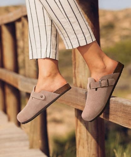 KIDMI Women's Suede Clogs Leather Mules Cork Footbed Sandals Potato Shoes with Arch Support, Taupe 39