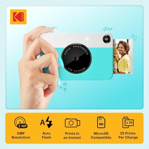 KODAK Printomatic Full-Color Instant Print Digital Camera, Zink 2x3" (5.1x7.5 cm) Sticky-Back Photo Paper, 5MP, Portable, Creative Fun Gift for Birthday, Christmas, Holiday, Blue