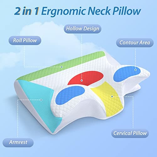 HOMCA Memory Foam Pillow, 2 in 1 Cervical Pillow for Neck Pain Relief, Ergonomic Neck Support Pillows for Side Back Stomach Sleepers with Breathable Pillowcase(White)