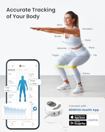 RENPHO Body Measuring Tape, Bluetooth Smart Tape Measure with Lock Hook & Retractable Function, Accurate Body Fat Measurement Device for Weight Loss, Muscle Gain, Fitness Bodybuilding, 60in /150cm