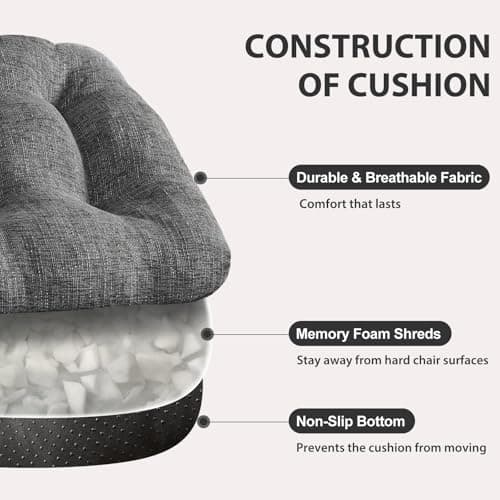 Quilmfoam 16.5"x15.5" Kitchen Chair Cushions Set of 4 for Dining Chair, Soft Tufted Non-Slip Memory Foam Seat Cushion with Ties for Indoor Kitchen Dining Furniture, Dark Grey