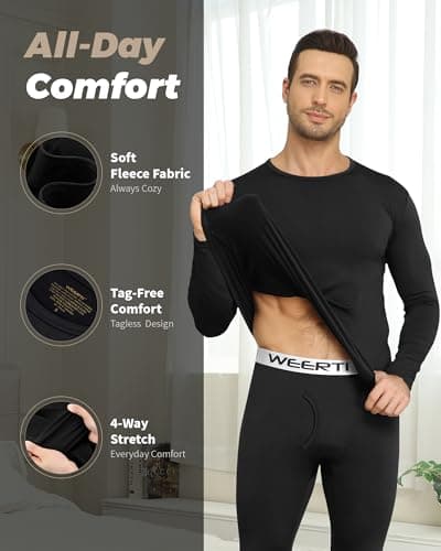 Thermal Underwear for Men Long Johns Set Fleece Lined Winter Cold Weather-Black L
