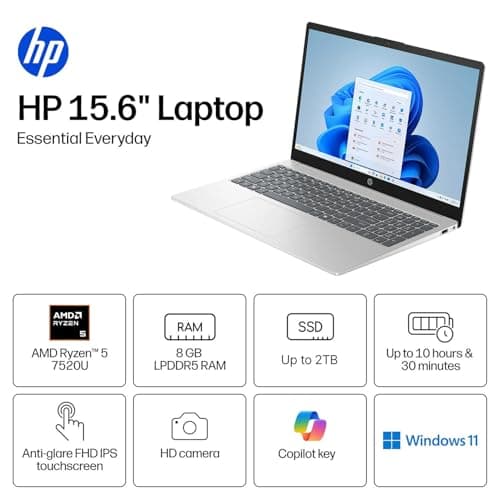 HP Touchscreen Laptop • 15.6 FHD IPS Display • 2026 Edition • AMD Ryzen 5 7520U • 8GB LPDDR5 • 256GB PCIe SSD • Copilot AI • Wi-Fi 6 • Numeric Keypad • Windows 11 • for Business & Student • w/o Mouse