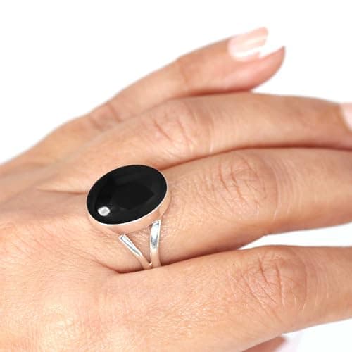JEWELOPORIUM Black Onyx Silver Ring Size 7, 925 Sterling Silver Ring for Women, Genuine Chunky Oval Gemstone Handmade Jewelry