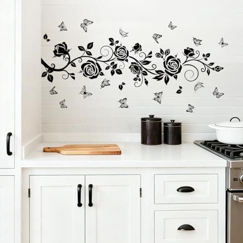 FUFUQUARE Flower Vine Decals Flying Butterfly Black Floral Wall Stickers Removable Wall Art Decor for Living Room Bedroom