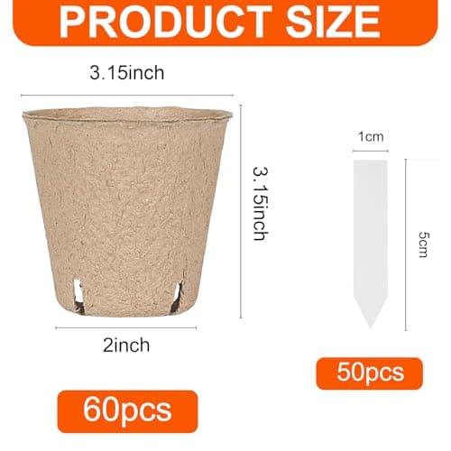 JNYONG 60 Packs 3.15 Inch Peat Pots,Biodegradable Pots for Seedlings with Drainage Holes, Garden Germination Nursery Pots with 50Pcs Plant Labels