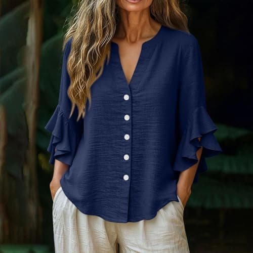 3/4 Ruffle Sleeve Cotton Linen Shirts for Women Dressy V Neck Beach Tunic Tops Elegant Summer Casual Work Blouses Navy