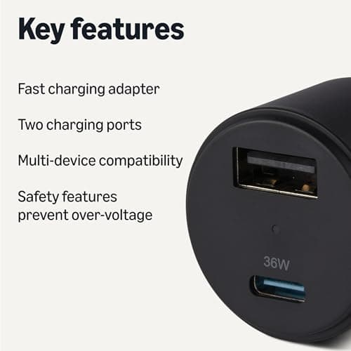 Amazon Basics Fast-Charging Car Charger, Dual-Port, 1 USB-C + 1 USB-A, 48W, Black