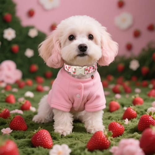 Maca Bates Pink Strawberry Basic Dog Collar for Medium Girl Boy Dogs with Cute Strawberry Charm,Strawberries Pattern, Adjustable Durable Soft Blueberry Birthday Gift Collars for Male Female Puppy