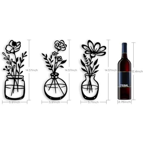 3 PCS Black Metal Flowers Wall Decor Grandma Mothers Day Gift Birthday Gifts for Women Wall Art Metal Wall Sculptures Hanging for Indoor Kitchen Bathroom Bedroom living room 14.56x5.9 inches