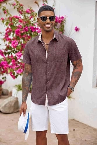 COOFANDY Men's Button Down Shirts Short Sleeve Casual Shirts Summer Beach Shirts Vacation Wedding Shirts with Pocket Red