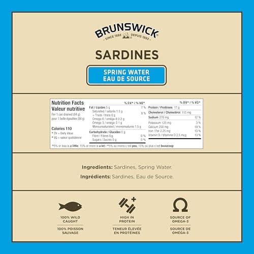 Brunswick Sardines in Spring Water - 106g, 18 Count - Canned Fish - Excellent Source of Protein - 17g of Protein Per 84g Serving Drained - Contains Omega-3, Source of Vitamin D, Iron
