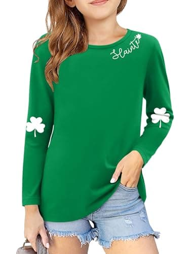 Girls St. Patrick's Day Shirt Kids Lucky Shamrock Graphic Tee St Pattys Long Sleeve Tops(Green2,150)