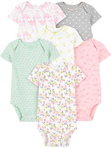 Simple Joys by Carter's Baby Girls' 6-Pack Short-Sleeve Bodysuit, Pink Dino, Floral, Mint, White, Gray, 0-3 Months
