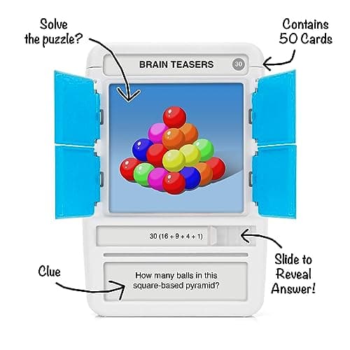 100 PICS Brain Teasers Travel Game - Solve 100 Puzzles | Flash Cards with Slide Reveal Case | Card Game, Gift, Stocking Stuffer | Hours of Fun for Kids and Adults | Age 6+
