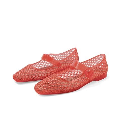 DOEYG Jelly Mary Ballet Flats for Women Jelly Sandals Shoes Women Beach Jellies Mary Jane Flats Ballerina Shoes, Jelly Red, 6.5