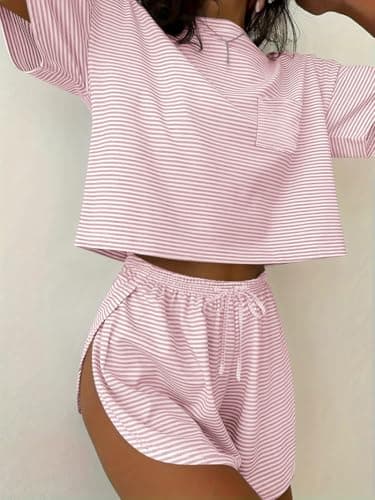 Ekouaer Womens Striped Pajama Sets Sexy Lounge Sets Side Split Short Pj Sets Cute Pjs 2 Piece Comfy Sleepwear Loungewear Pink and White Stripes Medium