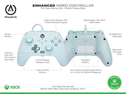 PowerA Enhanced Wired Controller for Xbox Series X|S - Cotton Candy Blue, gamepad, wired video game controller, gaming controller, Detachable 10ft USB-C Cable, Mappable Buttons and Rumble Motors, Officially Licensed for Xbox