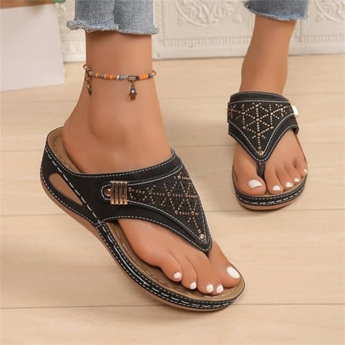 Orthopedic Sandals for Women 2026 Dressy Casual Ladies Spring Summer Cute Boho Comfy Arch Support Flats Flip Flops Seniors Comfortable Beach Vacation Outdoor Platform Wedge Sandals Shoes Black 8