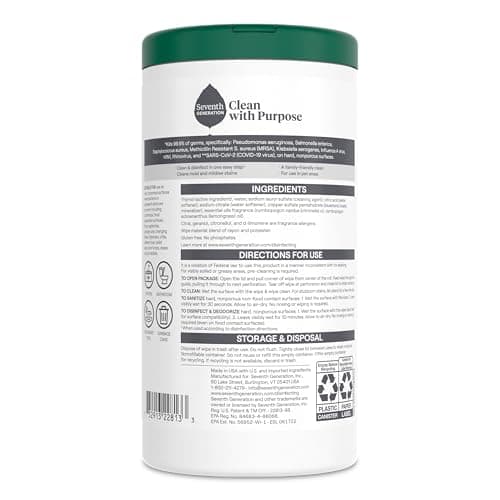 Seventh Generation Disinfecting Wipes, Lemongrass Citrus, 70 Count, 3 Pack, Botanical Multi-Surface Cleaner Kills 99.9% Germs, No Bleach, Plant-Based Formula for Home, Kitchen, Bathroom, Car Interior