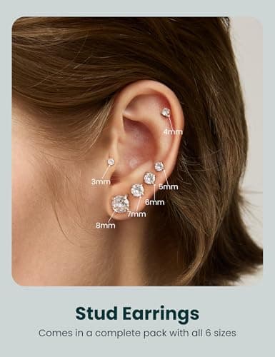 6 Pairs Stud Earrings Set, Hypoallergenic Cubic Zirconia 316L Earrings Stainless Steel CZ Earrings 3-8mm (Steel color)