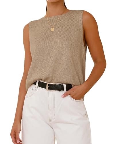 BTFBM Women's Sleeveless Sweater Vest 2026 Summer Crew Neck Ribbed Knit Lightweight Pullover Casual Loose Fit Tank Tops(Khaki, Small)