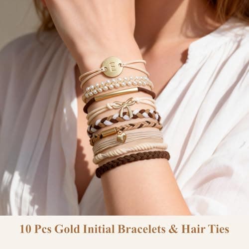 Fohufo Birthday Gifts for Women Girls - 10 Pcs Hair Ties No Damage, Hair Ties Bracelets for Thick/Thin Hair, Initial Hair Ties Accessories for Women, Birthday Gift Teen Girl Gifts for Girls- Letter M