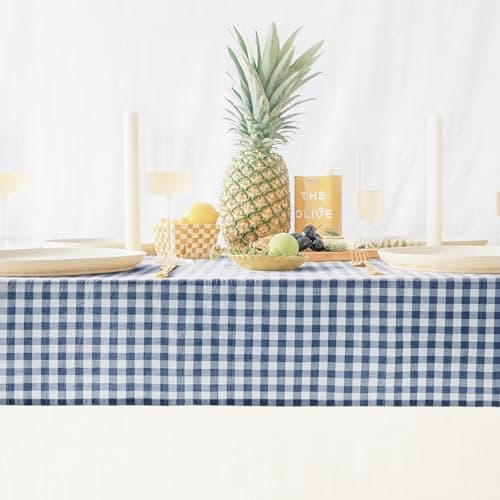 MONDAY MOOSE Gingham Checkered Farmhouse Rustic Picnic Style Decoration Rectangle Natural Stonewashed Cotton Tablecloth for Kitchen, Dining Room, Restaurant (55x70 inch, Blue/White)