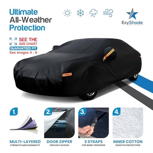 EzyShade 10-Layer Car Cover Waterproof All Weather. See Vehicle Size-Chart for Accurate Fit. Outdoor Full Exterior Covers for Automobiles Sedan Hatch. Rain Sun Snow. Black, Size A0 (See SizeChart)
