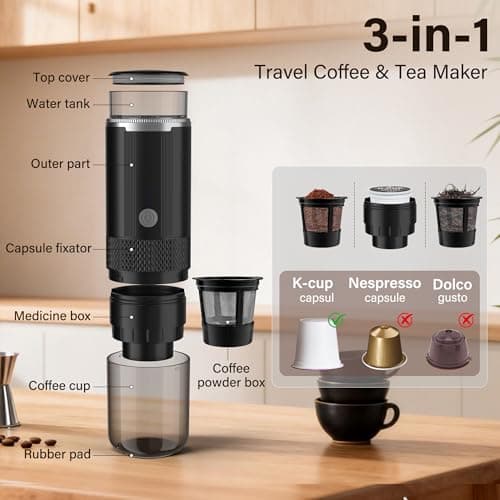 Aromilo Portable Travel Coffee Maker, 3-in-1 Camping Coffee Machine with USB-C for Travel Car,Cordless Battery Powered,Rechargable,Compatible with Ground Coffee,Capsules,Tea, 6OZ Cup,Black,170ml