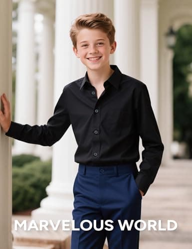 Marvelous World Boys' Long Sleeve Solid Buttoned Cuffs Dress Shirt Kids Casual Button Down Shirts Black Size 14