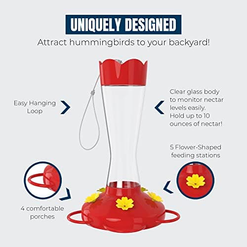 MEKKAPRO Hummingbird Feeders for Outdoors Glass - Red Hummingbird Feeders for Outdoors, Metal Ring, Bee-Proof Design, Easy Assembly, Red Hummingbird Feeder (Classic, 10oz - 2 Pack)
