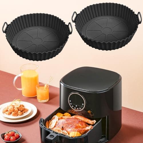 2 Pack 8 Inch Air Fryer Silicone Liners, Reusable Food Grade Air Fryer Liner Baskets, Air Fryer Silicone Mat Accessories Kitchen (Black)