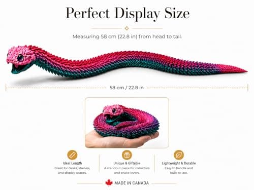 Articulated Crystal Snake – 3D Printed Flexible Snake Figurine, 58 cm (23 in) Poseable Serpent with Movable Mouth, Realistic Eyes, Fantasy Desk Decor (Ages 14+), (Rainbow)