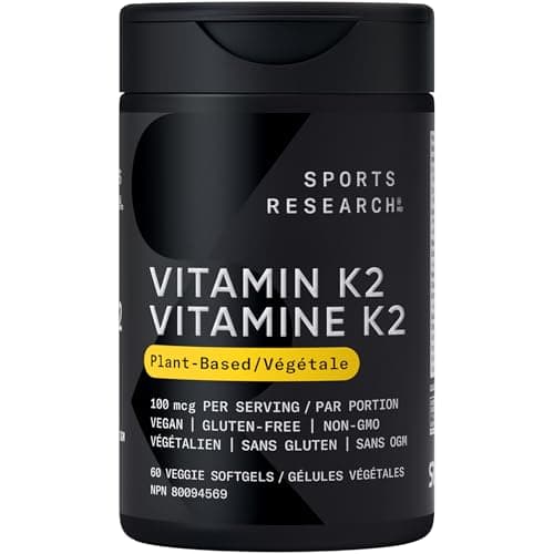 Sports Research® Vitamin K2 MK-7 100mcg with Coconut MCT Oil, 60 Vegan Softgels (2 Month Supply), Vegan Certified, Non-GMO Verified, Gluten & Soy Free Supplement