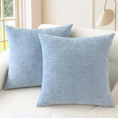 CaliTime Pack of 2 CaliTime Cozy Throw Pillow Covers Cases for Couch Sofa Home Decoration Solid Dyed Soft Chenille 18 X 18 Inches Baby Blue